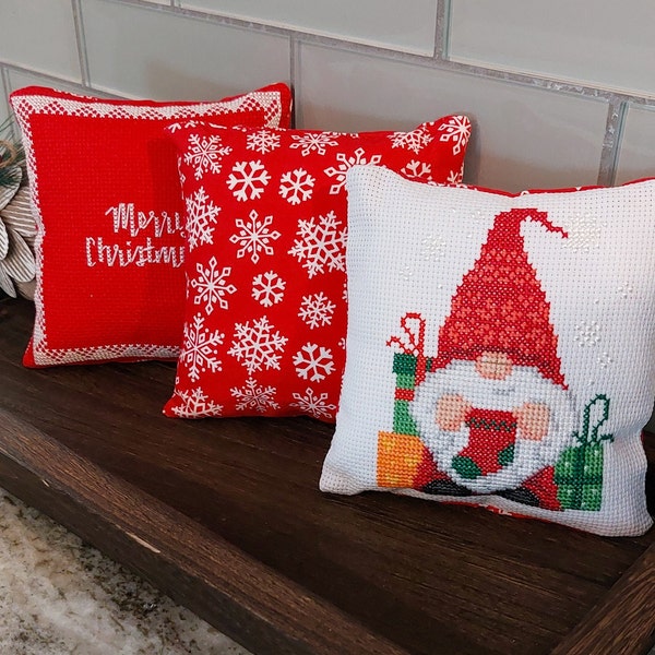 5x5 Cross Stitched Merry Christmas Mini Pillows/Handstitched Christmas Gnome & Presents/Holiday Basket Tuck/Shelf Basket Filler/Tiered Tray