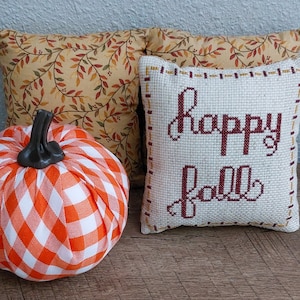 Happy Fall Mini Pillow Set/Finished Cross Stitch Pillow/Handmade Pillows/Handstitched Pillow/Pillows for Tiered Tray/5x5 Pillow Set/Gift