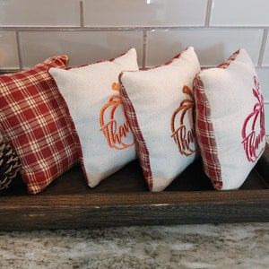 5x5 Machine Embroidered Thankful Pumpkin Mini Fall Pillows/Mini Autumn Plaid Bowl Filler/Plaid Basket Tuck/Tiered Tray/Thanksgiving Decor