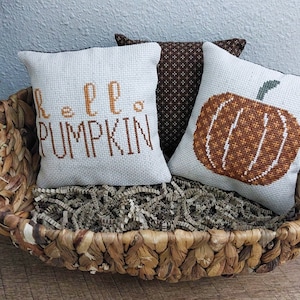 5x5 Hello Pumpkin Mini Pillow Set/Finished Cross Stitch Pillow/Handmade Pillows/Handstitched Pillow/Pillows for Tiered Tray/Bowl Filler/Gift