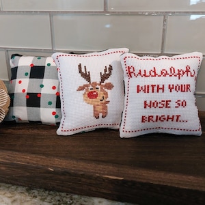 4x4 Christmas Rudolph Mini Pillow Set/Finished Cross Stitched Pillows/Handmade Pillows/Handstitched Pillows/Pillows for Tiered Tray/Gift