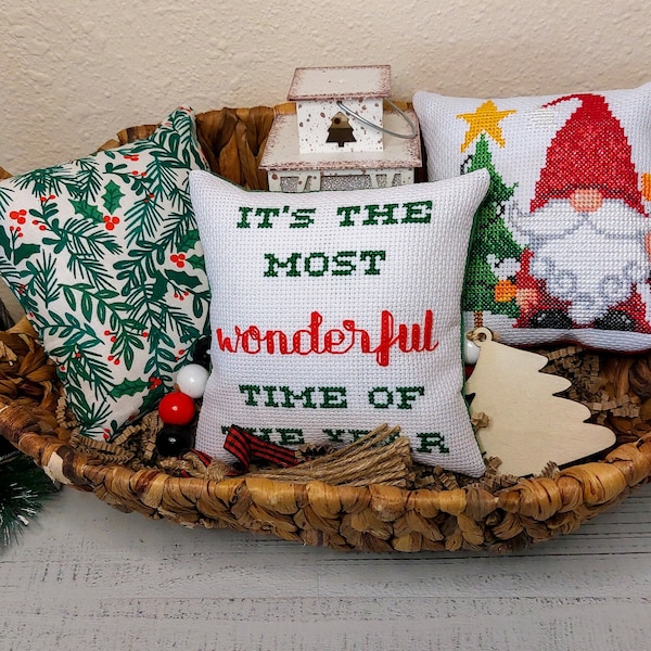 5x5 Finished Cross Stitch Christmas Tree Gnome Mini Pillow Set/Holiday Basket Tuck/Shelf Basket Filler/Tiered Tray Decor/Christmas Gift