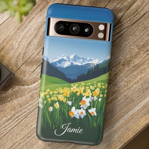 Personalized December Birth Flower Narcissus Phone Case Gift 4 Mountain Lover | Floral Landscape Case 4 iPhone 16, Pixel 8 & Samsung S24