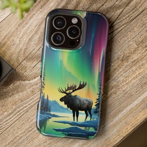 Moose Northern Lights Mag Safe Phone Case Cover fit for iPhone 16, 15, 14, 13 | Night Sky Gift | Aurora Borealis Phone | Night Sky Phone
