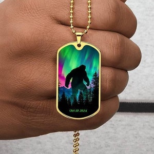 Personalized Northern Lights(Aurora Borealis) Gift 4 Him | Bigfoot Military DogTag Pendant Jewelry 4 Men| Engraved Keychain Gift 4 Boyfriend