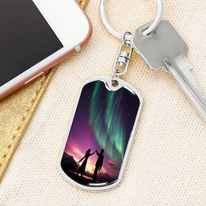 Personalized Aurora Borealis Alaska Gift KeyChain | Custom Northern Light Dog Tags | Outdoor Lover Jewelry | Engraved Aurora 4 Him or Her