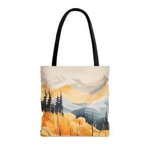 Watercolor Mountain Forest Tote Bag| Gold and Grey Tones Tote Bag| Gift for Nature Lover| Nature Reusable Bag| Forest Tote Bag| Gift 4 Mom