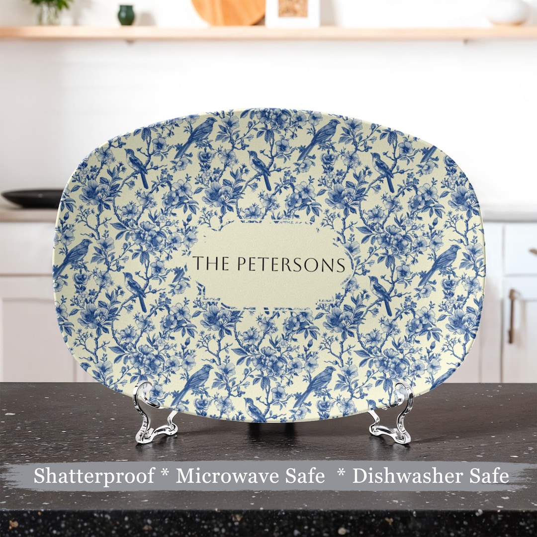 Personalized Blue & White Toile Platter Family-Gift-for Mom | Custom Serving Dish Chinoiserie Style | Unique Gift Floral Birds Hostess Gift