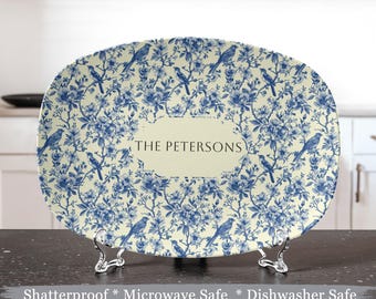 Personalized Blue & White Toile Platter Family-Gift-for Mom | Custom Serving Dish Chinoiserie Style | Unique Gift Floral Birds Hostess Gift