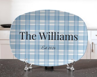 Personalized Plaid Platter | Custom Family Name & Date Tray | Classic Blue Check Serving Platter | Wedding Housewarming Gift