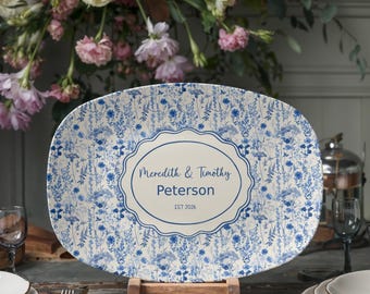 Blue Floral Platter or Plate Personalized | Custom Family Name Nature-Inspired Gift | Elegant Chinoiserie Home Décor