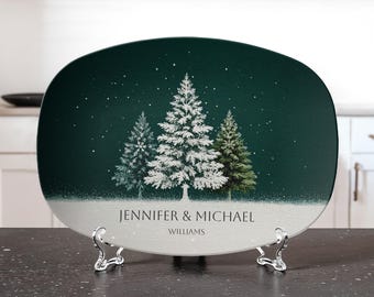 Winter Snowy Pine Trees Platter Personalized | Custom Family Name Holiday Serving Tray
