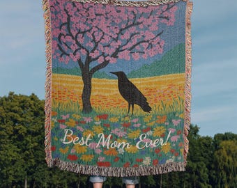 Personalized Raven Cherry Blossom Woven Cotton Blanket | Custom Name Nature Throw | Black Crow CottageCore Floral Gift