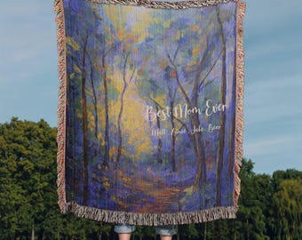 Personalized Impressionist Forest Woven Cotton Blanket | Custom Name Nature Throw | Moody Woodland Landscape Gift
