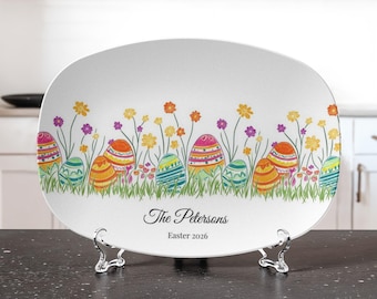 Personalized Easter Egg Floral Platter | Custom Family Name Spring Serving Plate | Colorful Easter Table Decor