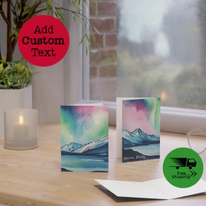 Lege wenskaarten aquarel noorderlicht gepersonaliseerd | Bergmeer Aurora Borealis bedankkaarten | Luxe natuurliefhebberkaarten