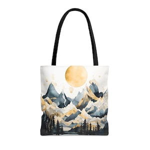 Abstrakte Bergwald Tragetasche | Gold und Grautöne Einkaufstasche | Geschenk für Naturliebhaber | Natur Wiederverwendbare Tasche | Wald Einkaufstasche | Geschenk 4 Mom