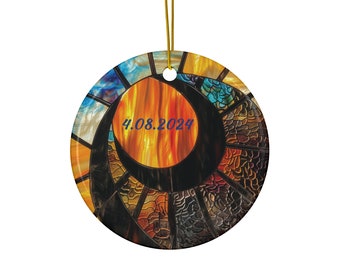 Solar Eclipse 2024 Glass Ornament Gift | Total Eclipse Ceramic Memento | Eclipse Stained Glass Keepsake | Celestial Metal Eclipse Bauble