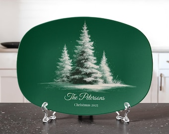 Evergreen Trees Green Christmas Platter Personalized | Custom Family Name Holiday Serving Tray