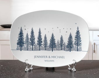 Blue Winter Pines Forest Christmas Platter Personalized | Custom Family Name Holiday Serving Tray