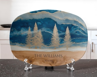 Mountain Forest Resin-Style Platter | Personalized Family Name Anniversary Tray | Elegant Nature-Inspired Custom Gift