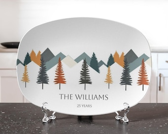 Modern Mountain Tree Platter | Personalized Family Name Anniversary Tray | Colorful Woodland Custom Gift