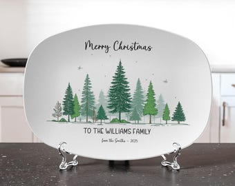 Evergreen Forest Christmas Platter Personalized | Custom Family Name Holiday Serving Tray | Merry & Bright Winter Gift
