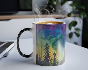 Watercolor Aurora Borealis Color Changing Magic Mug | Northern Lights Forest Mug| Alaska Iceland Gift | Color Morphing Mug| Cosmic Gift