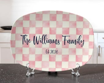 Personalized Checkerboard Platter | Custom Family Holiday Serving Dish | Blue or Pink Watercolor Decor Plate