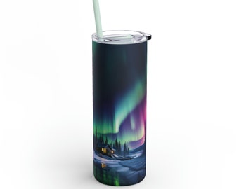 Vaso personalizado con luces del norte/Regalo personalizado de aurora boreal/Vaso delgado de acero inoxidable con diseño de cielo oscuro para ella/Regalo para amantes de la naturaleza