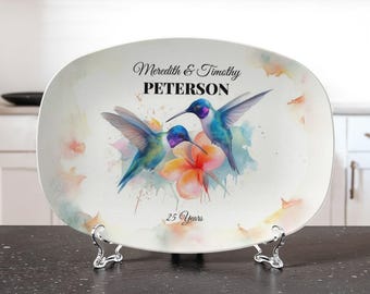 Hummingbird Couple Platter Personalized | Custom Name Serving Tray, | Love Birds Anniversary Gift, Wedding or Housewarming Decor