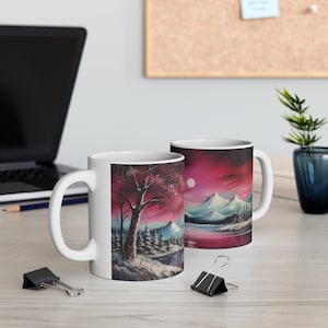 Pink Mountains Nordlichter Tasse | Geschenk 4 Mama Oma | Nachthimmel Magie | Geschenk für Dark Skies Liebhaber | Bergliebhaber Geschenk | Camping Geschenk