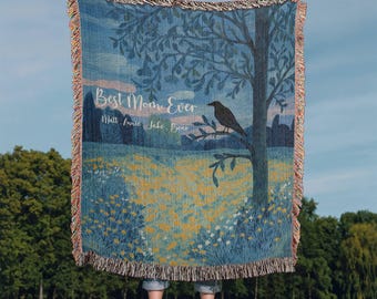 Personalized Raven Meadow Woven Cotton Blanket | Custom Name Nature Throw | Cottagecore Landscape Bird Gift