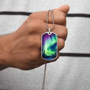 Personalized Northern Lights Wilderness DogTags| Custom Aurora Borealis Gift| Outdoor Lover Jewelry| Engraved Aurora Keychain 4 Him or Her