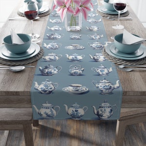 Charming French Toile de Jouy Teapot Table Runner  | Vintage Antique Style Floral Table Décor |  Blue Elegant Traditional Table Decorations