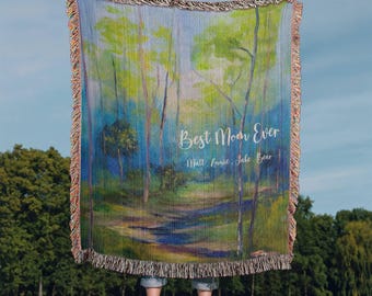 Personalized Forest Path Woven Cotton Blanket | Custom Name Nature Throw | Impressionist Woodland Landscape Gift