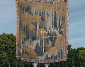 Personalized Aspen Trees Woven Cotton Blanket | Custom Name Nature Throw | Mountain Forest Landscape Gift