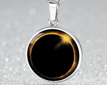 Personalized Total Solar Eclipse 2024 Pendant Necklace | Custom Lunar Eclipse Jewelry | Astronomy Skies Charm | Engraved Jewelry Gift 4 Her