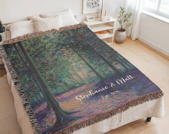 Personalized Magical Forest Woven Cotton Blanket | Custom Name Nature Throw | Impressionist Trees Gift