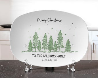 Green Pine Trees Christmas Platter Personalized | Custom Family Name Holiday Serving Tray | Merry & Bright Forest Gift