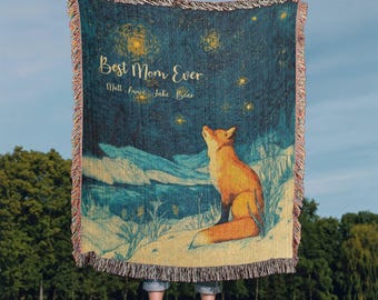 Personalized Fox Night Skies Woven Cotton Blanket | Custom Name Nature Throw | Winter Woodland Animal Gift