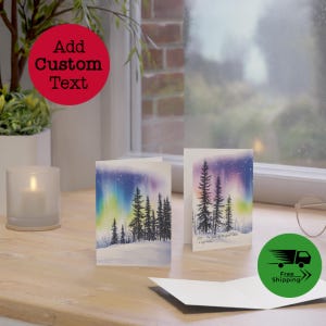 Lege wenskaarten noorderlicht aquarel gepersonaliseerd | Bergmeer Aurora Borealis bedankkaarten | Luxe natuurliefhebberkaarten