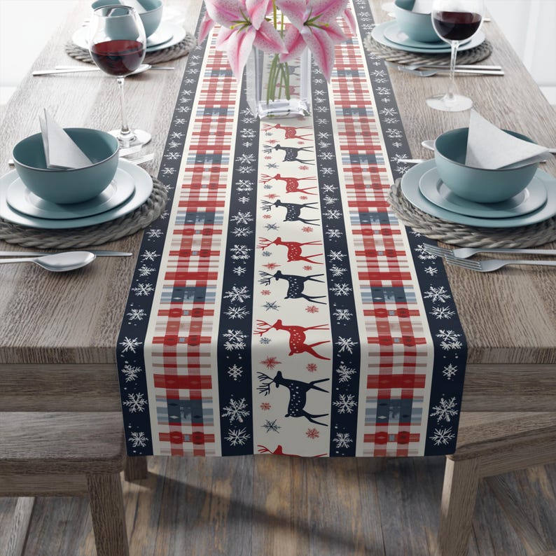 Checkerboard Nordic Christmas Table Runner Scandinavian Festive Table