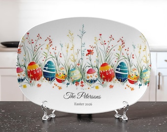 Easter Eggs Floral Platter Personalized | Custom Family Name Spring Serving Plate | Colorful Easter Table Decor