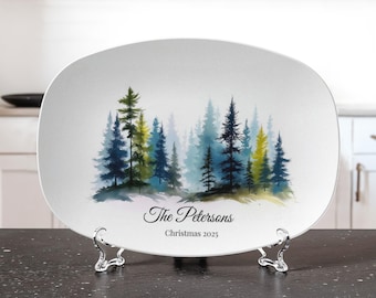 Watercolor Forest Platter Personalized | Custom Family Name Woodland Serving Tray | Nature-Inspired Rustic Gift