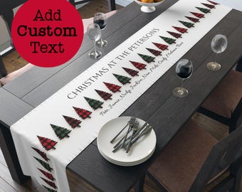 Personalized Checkerboard Pines Table Runner | Custom Christmas Tree Table Deco| Farmhouse Rustic Decor | Festive Cottagecore Holiday Linen