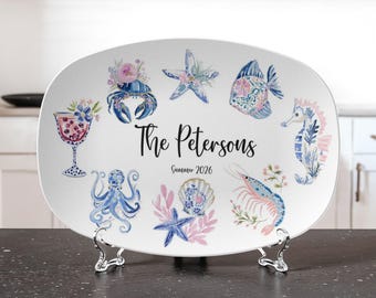 Personalized Coastal Platter Wedding Gift | Beach House Serving Tray | Sea Life Family Name Plate