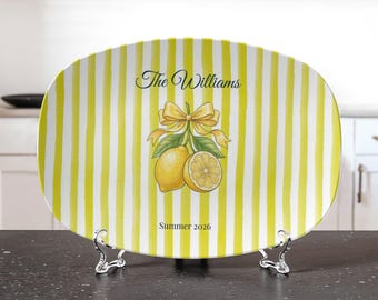 Personalized Lemon Stripe Platter | Custom Family Name Serving Plate | Summer Citrus Kitchen Decor