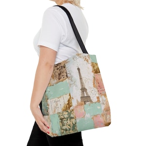 Cute European Paris Tote Bag Gift for Best Friend| Gift for Mom| Eiffel Tower Tote Bag|  Shabby Chic Paris Travel Bag| French Market Bag