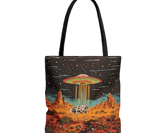 Cow Abduction Tote Bag Gift 4 Her | Gift for Alien Lover | Quirky Fun Reusable Bag | Aliens Spacecraft Grocery Bag | BeachBag Gift 4 Friend